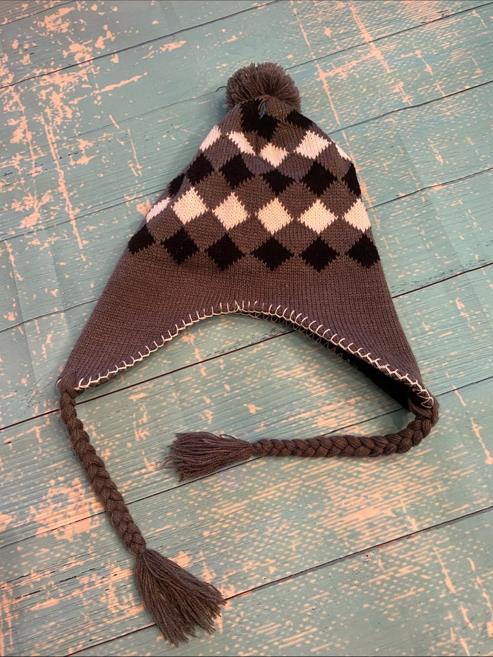 Gray, Black, White, Pom-Pom Earflap Hat